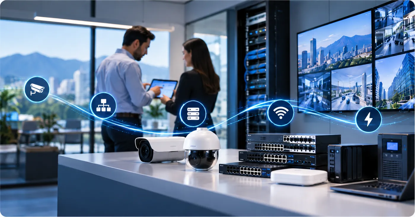Asesores con equipos de videovigilancia, redes, energía y cómputo